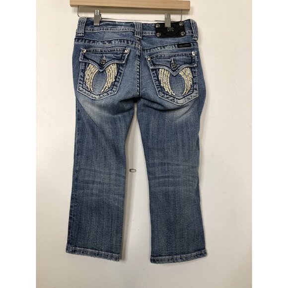 Miss Me Womens 26x19 Blue Denim Jeans Capri Distressed Angel Wings - Picture 3 of 10